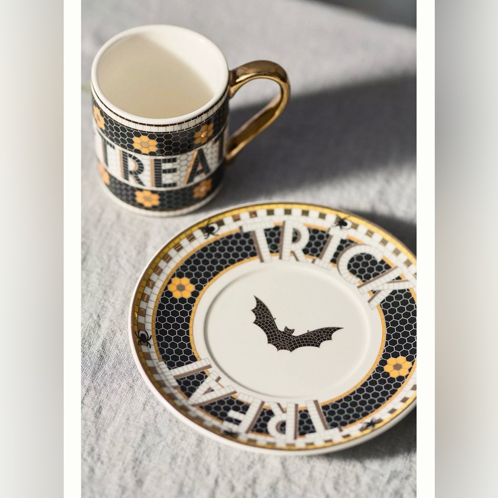 NEW Anthropologie The Bistro Tile Stoneware Espresso Cup: Halloween Edition